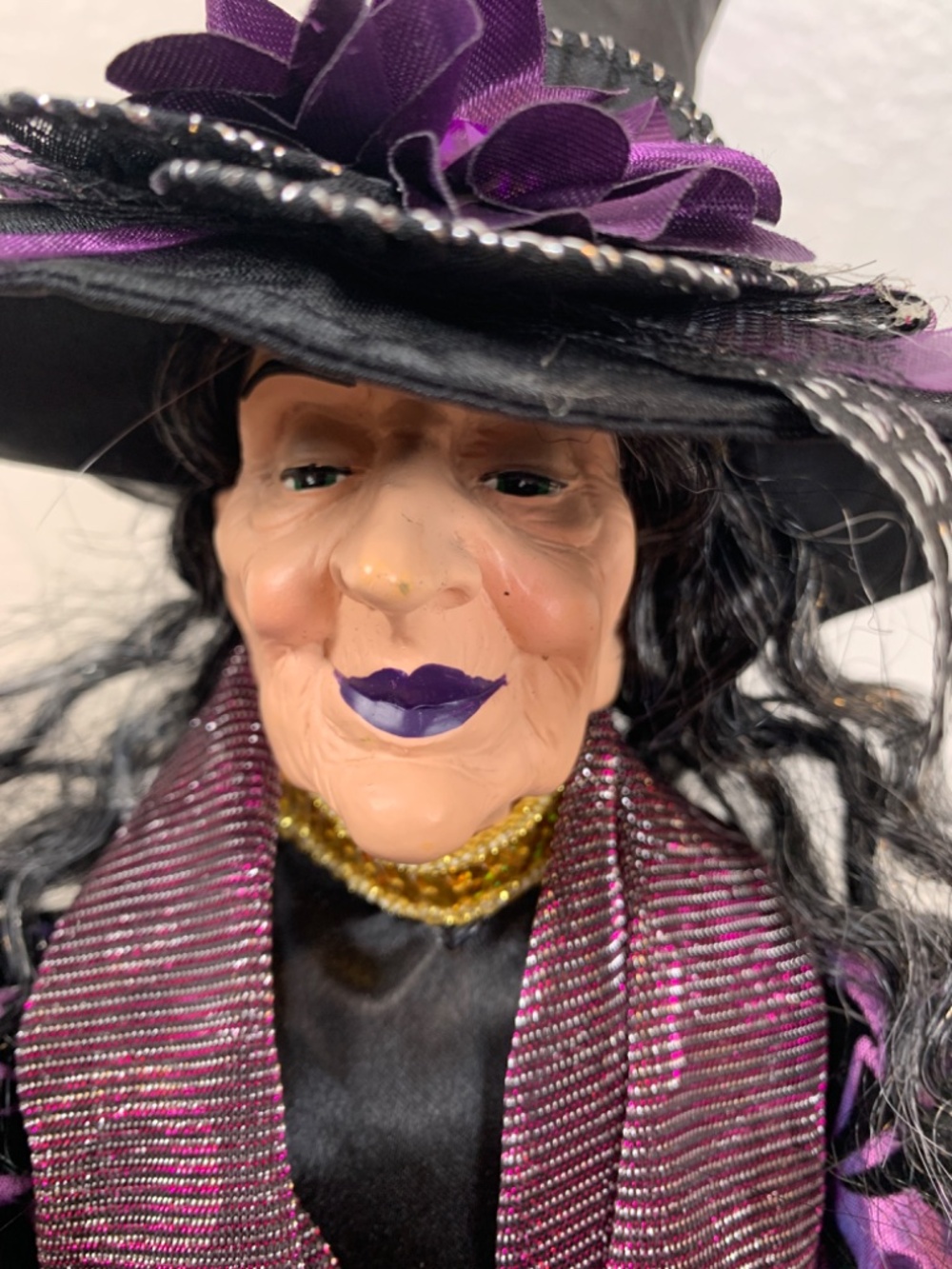 Spooky Old Witch With Broom Doll Shelf Sitter Purple Black Halloween Scary Decor - Picture 3 of 16